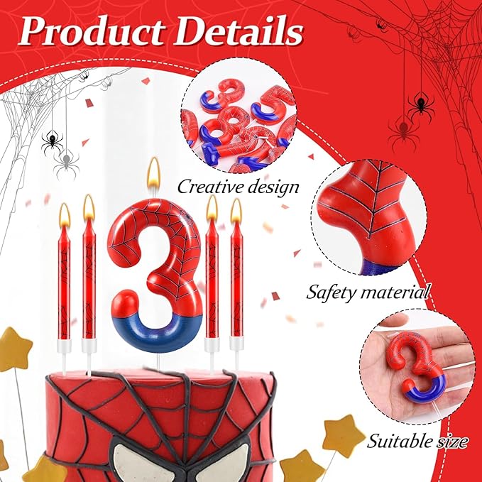 13 Pcs Spider Themed Birthday Candle Set Red Spider Theme Number 3 Candle Cake Topper for Boys Girls Birthday Decoration Spider Party Decoration Supplies (Number 3)