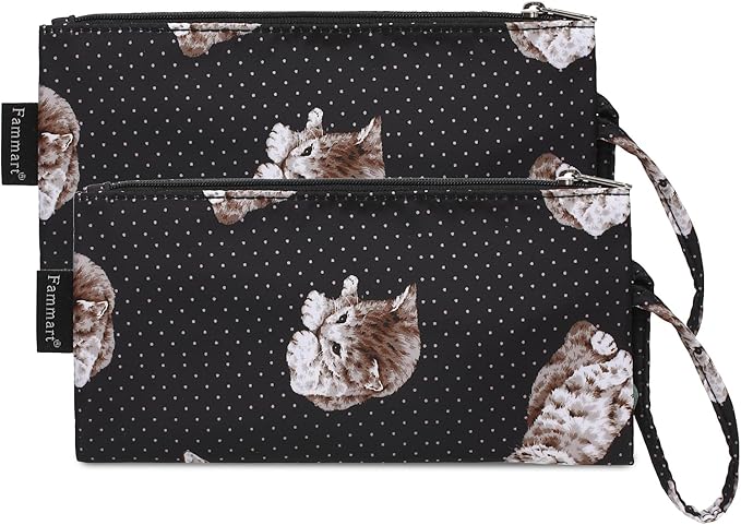 Reusable Sandwich Bag/Snack Bag for Kids & Adults, Dual Layer Lunch Bag with Handle, Washable, Food Safe, BPA Free (2-Pack, Dot&Cat)