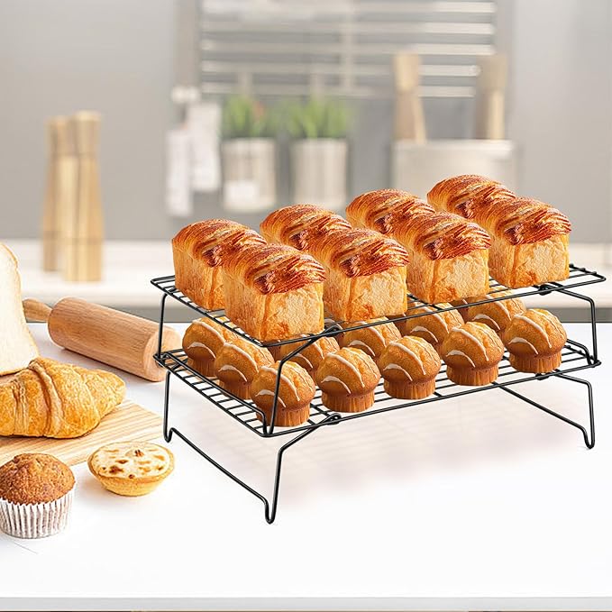 P&P CHEF Cooling Rack Set of 2, 2-Tier Stackable Stainless Steel Wire Racks for Baking Cooking Cooling Roasting, Collapsible & Heavy Duty, Oven Safe & Easy Clean, 15" x 10", Black