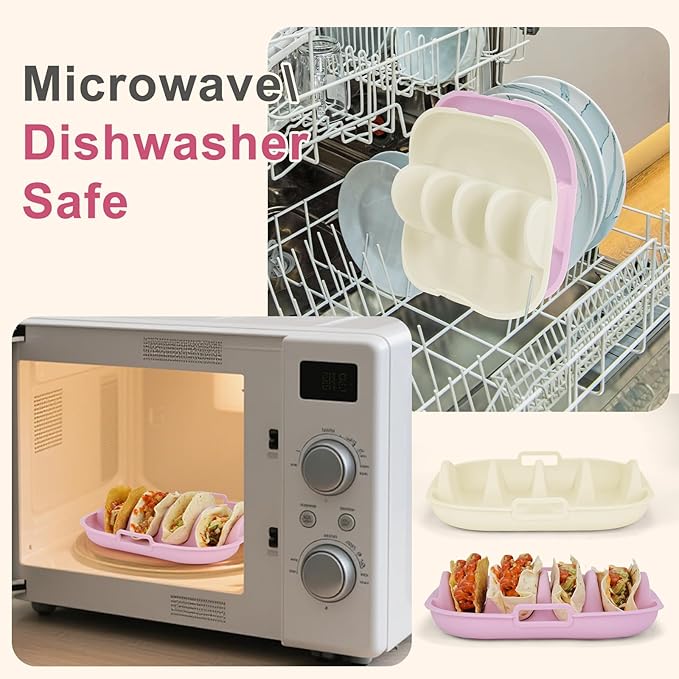 Silicone Taco Holder 2 Pack,10.2in Upgrade Reusable Taco Plates with Dividers,Fiesta Tacos Holder Tray.Taco Serving Plates, Dishwasher & Microwave Safe(2, WHITE+PINK)