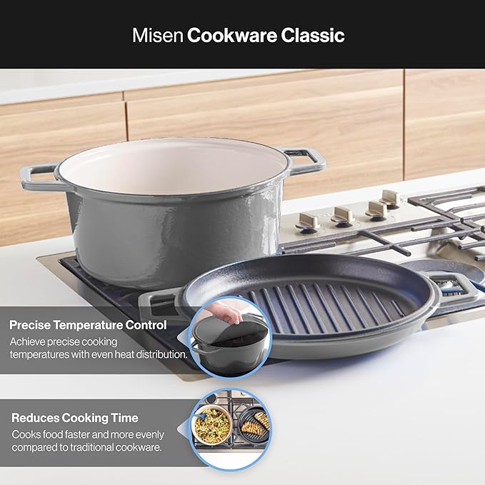 Misen 7 QT Enameled Cast Iron Dutch Oven - Chip-Resistant Enamel Coating - Thick Iron Core For Heat Retention - Large Cooking Surface - Oven Safe, Induction Compatible - Grill and Silicone Lid, Gray