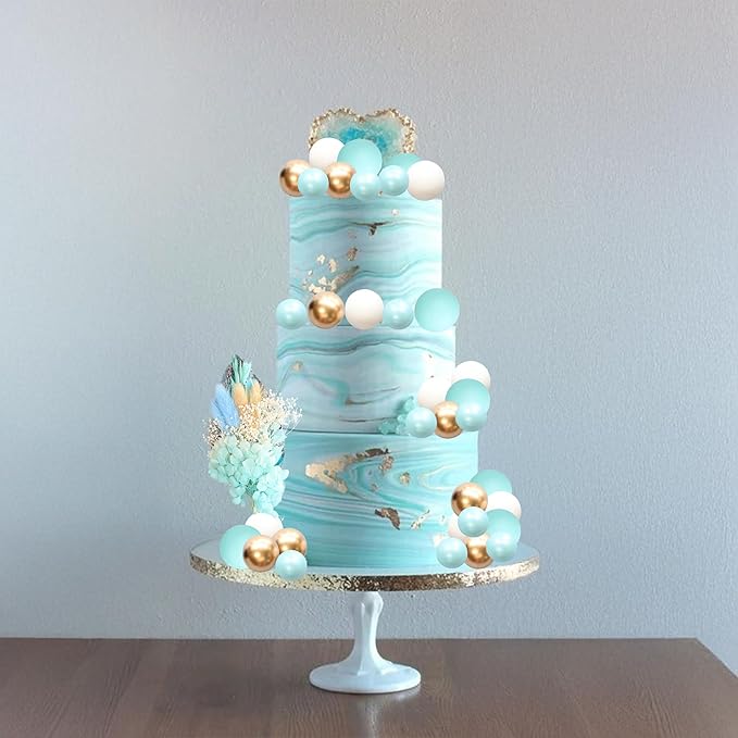 Gyufise 21 Pack Flower Boho Cake Topper Ball Cake Decorations Palm Leaves Plants Cake Decor for Girl Bohemian Princess Theme Wedding Baby Shower Birthday Party Supplies Blue