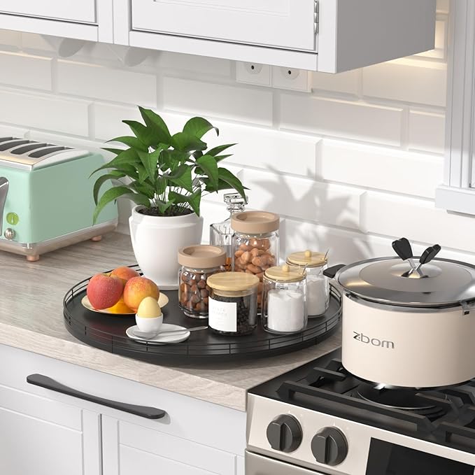 16" Oak Wooden Lazy Susan Turntable for Dining Table, Large Round Lazy Susans Organizer for Kitchen Countertop, Tabletop 360°Rotating Tray for Spice Organization and Storage Black Home Decor