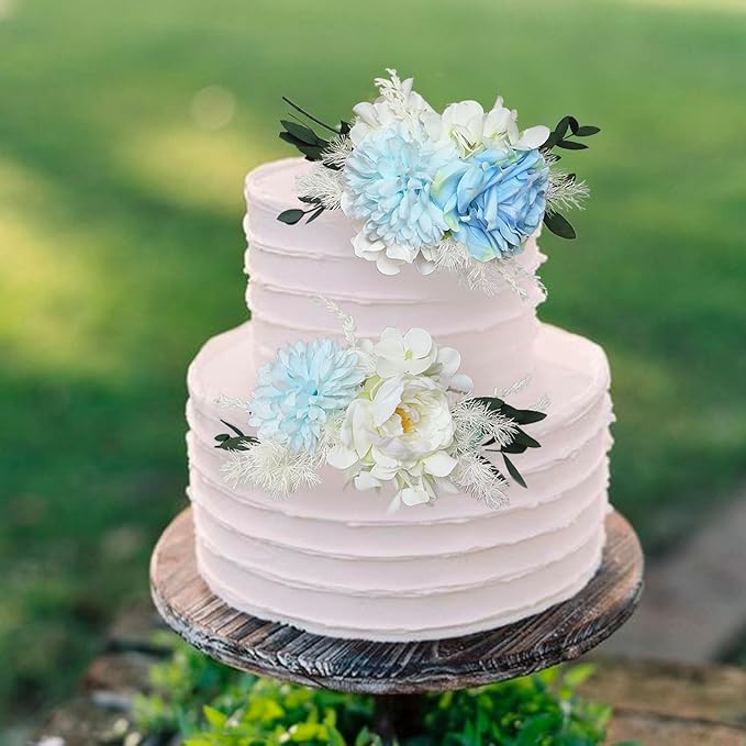 Rinlong 3Pcs Pre-made Baby Blue Cake Decorating Flowers Cake Toppers Cake Decorations Wedding Decor Birthday Bridal Shower Cake Topper