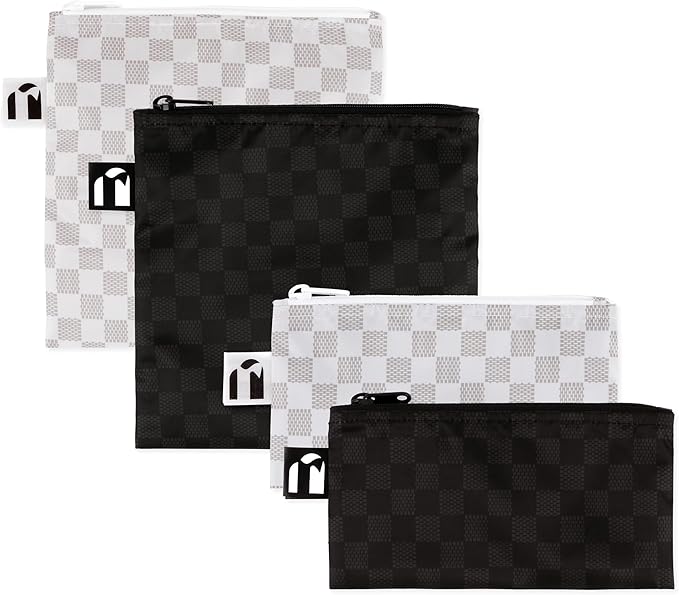 Roamio Reusable Sandwich and Snack Bags, for Kids School Lunch and for Adults Portion, Washable Fabric, Waterproof Cloth Zip Bag, Travel Pouch, Food-Safe Storage,4-pack Set Black Check and Off White