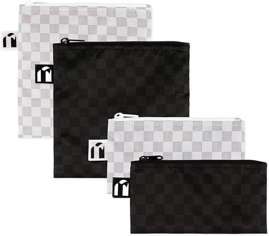 Roamio Reusable Sandwich and Snack Bags, for Kids School Lunch and for Adults Portion, Washable Fabric, Waterproof Cloth Zip Bag, Travel Pouch, Food-Safe Storage,4-pack Set Black Check and Off White