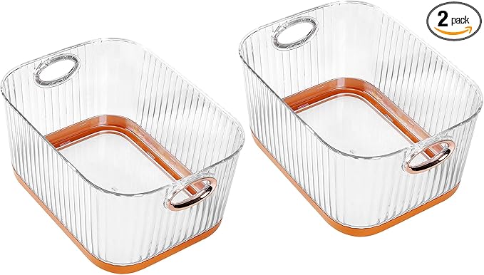 VECELO Refrigerator Organizers - Durable PET Storage Bins, Space Saving, Clear View, Contain Spill, Organizer for Kitchen, Laundry, Closet - Set of 2