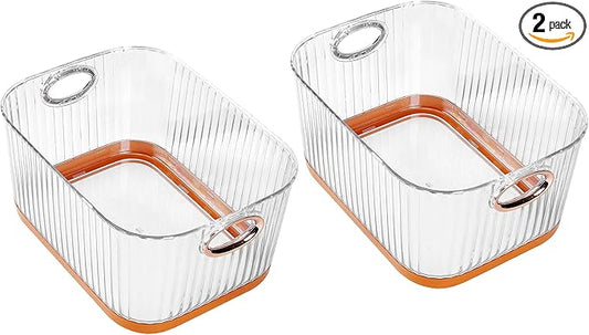 VECELO Refrigerator Organizers - Durable PET Storage Bins, Space Saving, Clear View, Contain Spill, Organizer for Kitchen, Laundry, Closet - Set of 2