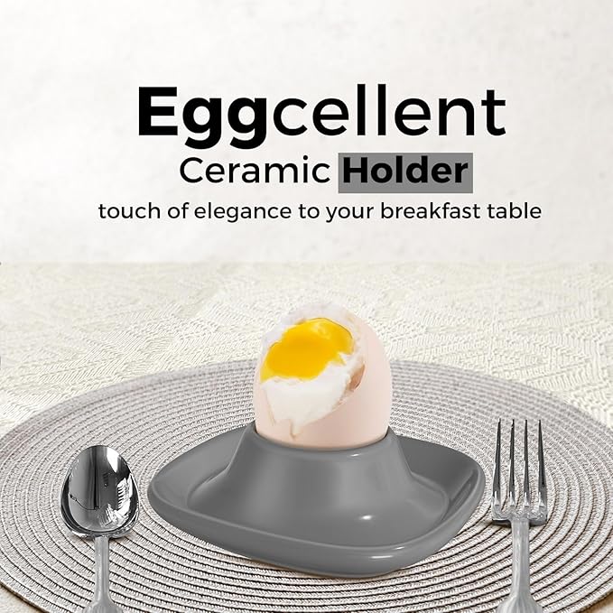 Flexzion Soft Boiled Egg Holder Set - 4-Piece Gray Ceramic Egg Cup, Stackable Egg Coddler Cups with Base for Serving, Breakfast, Brunch - Kitchen Table Decor, Gray