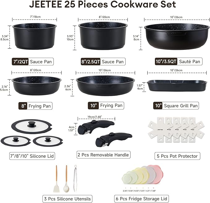 JEETEE Pots and Pans Set Non Stick 25pcs, Cookware Set with Removable Handle, Induction Kitchen Cooking Sets with Detachable Handle, RV Camping Stackable Pots Pans, Oven Safe, PFOA Free, Black