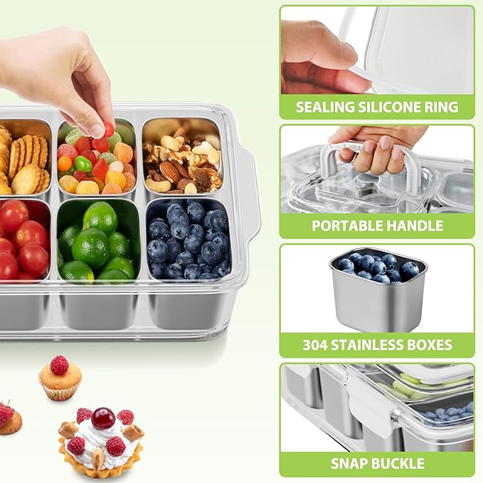 Snackle Box Container, Stainless Steel Divided Serving Tray with Lid and Handle, 8 Compartment Portable Snack Platters - Clear Storage Organizer for Fruit Candy Nuts Veggie - Perfect for Travel Party