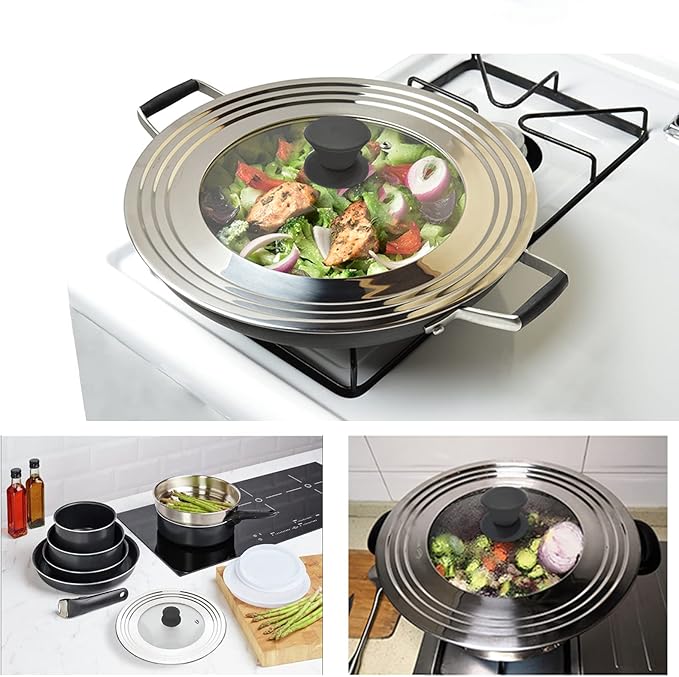 Universal Lid for Pots and Pans - One Size Fits All 8.25-12 Inch Pots Frying Pans Skillets Woks, Replacement Pot Lid with Upgraded Heavy Duty Heat Resistant Silicone Handle, Black