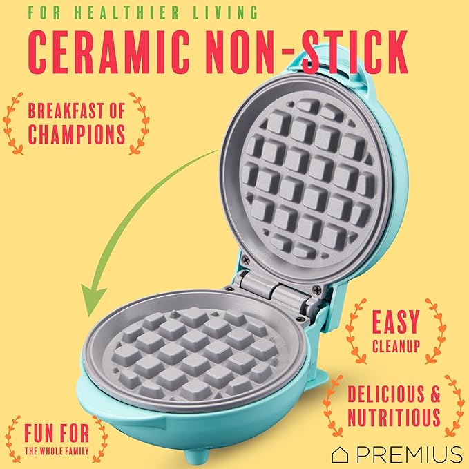 Ceramic Nonstick Mini Snack Waffle Maker, 4” Mold, Quick Heat for Crispy Waffles, French Toast, Tuna Melt, Egg & Grilled Cheese, Sandwiches for Kids & Family, Just Add Batter (Turquoise)