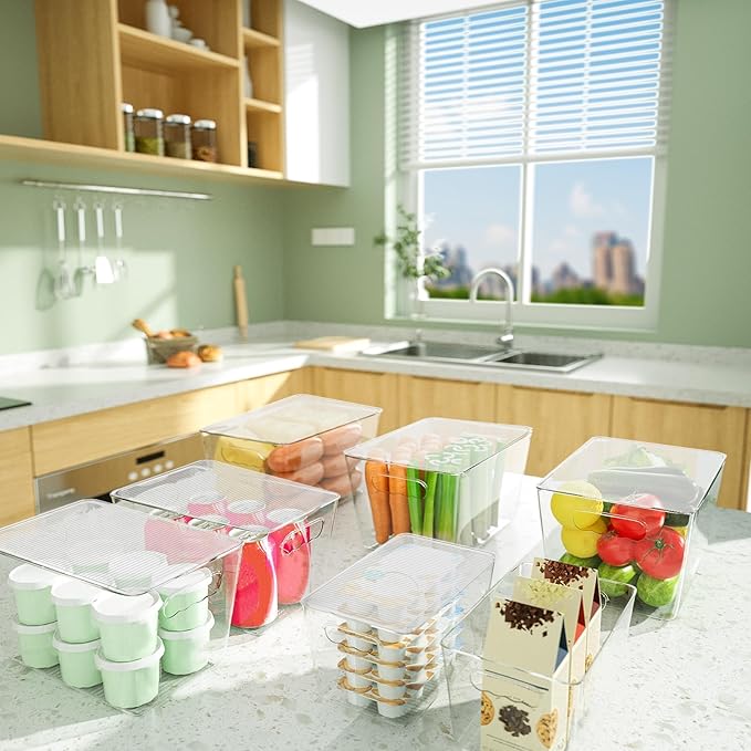 BALEINE Clear Stackable Storage Bins with Lids, Plastic Containers with Handle for Pantry Organizers and Storage, Plastic Bins for Fridge, Kitchen, Bathroom, Cabinet (10x6x5, 6PK)