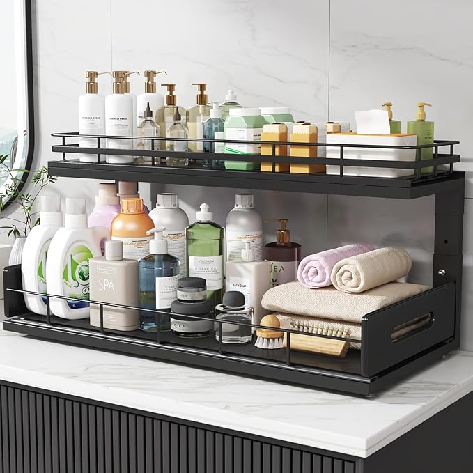 2 Pack 21 IN Depth Pull Out Cabinet Storage With Smooth Rails,2-Tier Dual Pull Out Cabinet Storage For Bathroom Kitchen,Under Sink Shelf-Black