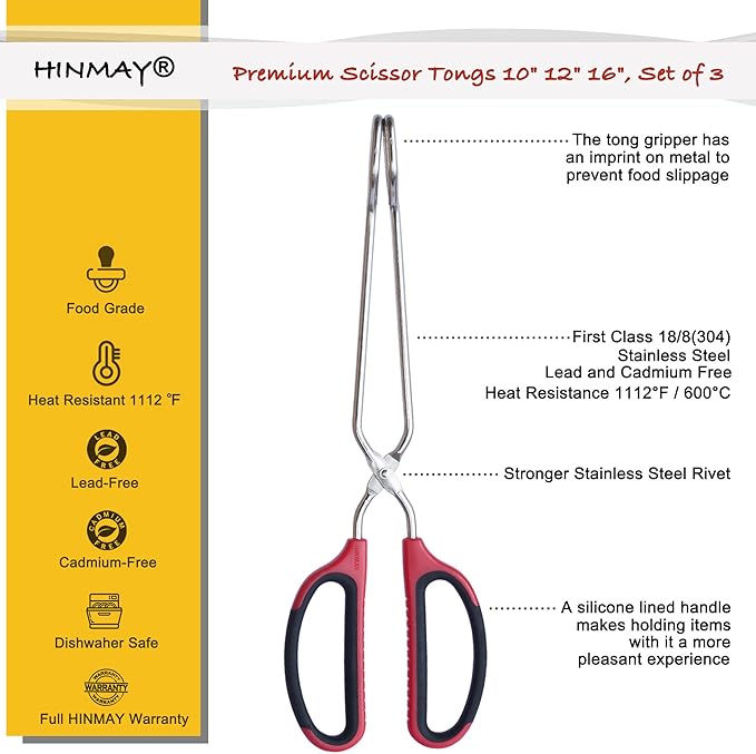 Stainless Steel Kitchen Scissor Tongs Set for Cooking, Grilling & Serving, 3-Piece with Red Handle (10/12/16 Inch)