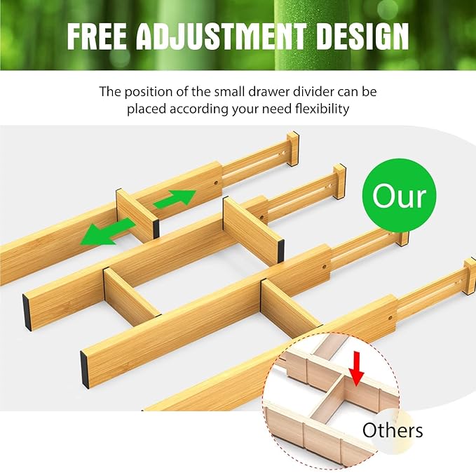 ANTOWIN Bamboo Drawer Dividers Organizers 16pcs, Expandable Drawer Separators Splitter, 17-22 inches Long Adjustable Spring-loaded Organizer for Large Utensil, Clothes, Tools Drawers (8+8)
