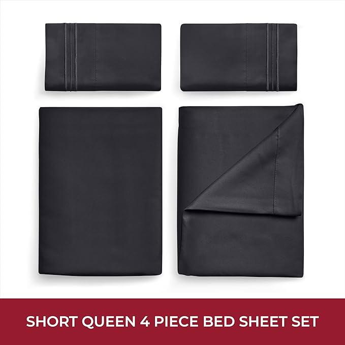 Mellanni RV Short Queen Sheets - 4 PC Iconic Collection Bedding - Hotel Luxury, Extra Soft, Cooling Bed Sheets - Deep Pocket up to 10 inch (RV/Short Queen, Black)