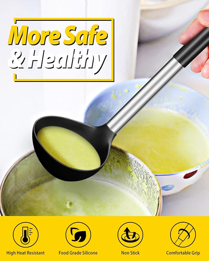 Pack of 2 Ladle Spoon,Silicone Large Spoon for Soup,Non Stick Kitchen Utensils with High Heat Resistant,BPA Free Perfect Kitchen Tools for Cooking, Stirring,Serving Soups (BLACK-WHITE)