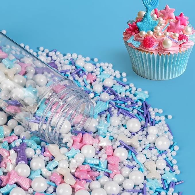 Mermaid Sprinkles,Edible Sugar Pearl Stars Jimmies Mix,130g/4.58oz,Pearl Candy Ocean Sprinkle for Cake Decorating,Summer Baking Fun Decorations,Perfect for Ice Cream,Cookies,Dessert,Donuts,Cupcake Topper,Birthday Children Party Supplies