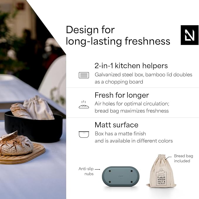 LARS NYSØM Bread Box I Metal Box with linen bag for long lasting freshness I Bread Bin with bamboo lid usable as cutting board I 14.2x7.5x5.1 In (Stone Blue)