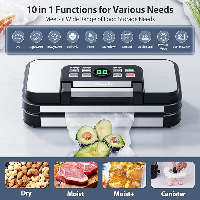 95Kpa Powerful Precision Pro Vacuum Sealer with 10-in-1 Functions, Easy-Lock Handle, Double Heat Seal & Double Pump, Vacuum Sealer Machine for Food with Bags Storage, Built-in Cutter, Green