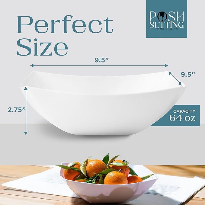 Posh Setting White Plastic Serving Bowls Disposable - Square Bowls - Square Candy Bowl - Plastic Snacks & Chip Bowls for Parties - White, Gold & Clear, Black Serving Dishes, 64 OZ, 4 Pack