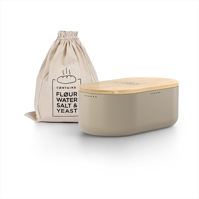 LARS NYSØM Bread Box I Metal Box with linen bag for long lasting freshness I Bread Bin with bamboo lid usable as cutting board I 14.2x7.5x5.1 In (Taupe Brown)