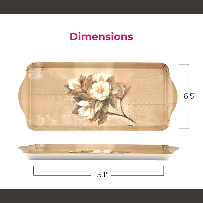 Pimpernel Sugar Magnolia Sandwich Tray - Rectangular Melamine Snack Tray with Blooming Floral Design, Pink & Green Tones - Dishwasher Safe Serving Platter for Breakfast Pastries or Decorative Display