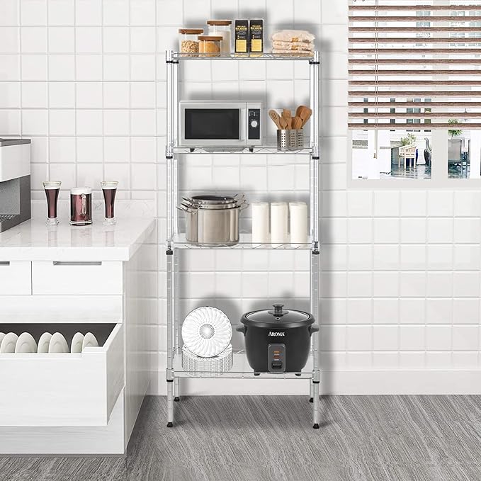 FDW 18L x 12W x 44H Wire Shelves with 4 PP Sheets Metal Shelf Storage Shelves 4 Tier Layer Storage Shelves for Laundry Bathroom Kitchen Garage,Chrome