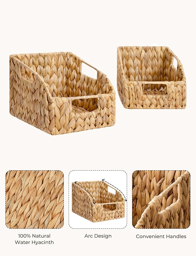 StorageWorks Pantry Baskets for Organizing, Wicker Basket with Built-in Handles, Handwoven Wicker Storage Baskets, Water Hyacinth for Shelves, 2 Pack