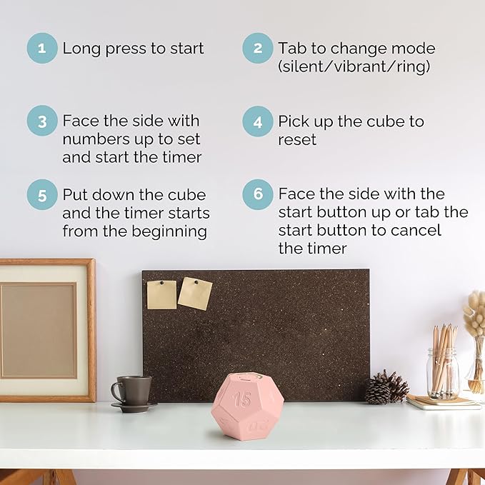 KADAMS Pomodoro Cube Timer Productivity-11 Preset Countdowns, Flip-to-Start Gravity Activation - Sound Vibrate Mute Rechargeable - Ideal for ADHD Kid Kitchen Classroom Cook Study Exercise - Pink