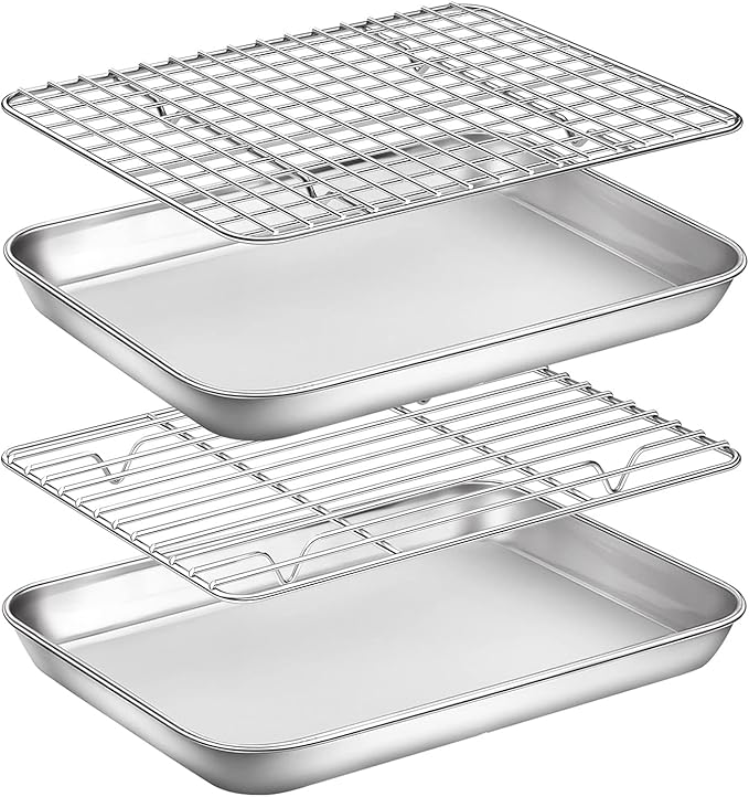 Baking Sheet with Rack Set, Yododo Set of 4 (2 Sheets + 2 Racks), Stainless Steel Cookie Sheet Baking Pan Tray with Cooling Rack, Non Toxic & Heavy Duty & Easy Clean - Size of 9 inch
