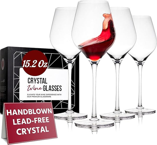Gusto Nostro Crystal Wine Glasses Set of 4, 15.2 Oz Long Stem Modern Wine Glasses for White and Red Wine, Dishwasher Safe, Fancy, Elegant, Large and Tall Wine Glass for Wedding Christmas Anniversary