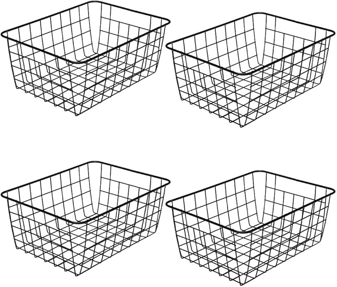 LeleCAT Wire Baskets with Handles, Wire Storage Organizer Baskets, Household Refrigerator for Cabinets, Pantry, Closets, Bedrooms - Set of 4（Black)