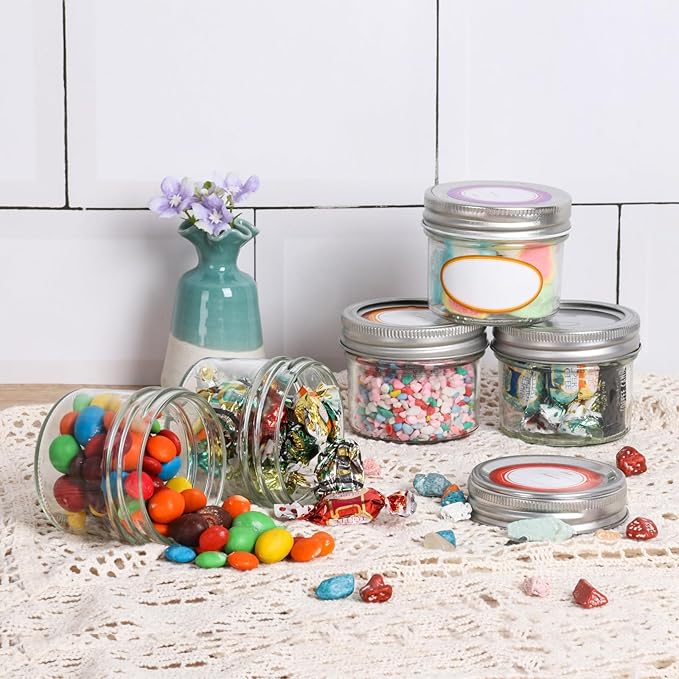4 oz Small Mason Jars, 16 Pack Mini Canning Jars with 2 Types of Lids, 16 Split-Type and 16 One-Piece Lids for Dessert, DIY