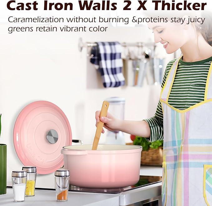 Umite Chef 5QT Enameled Cast Iron Dutch Oven Pot with Lid, Heavy-Duty Cookware for Bread Baking, Braising, Stews, Roasting, Wedding Registry Ideas & Gifts (Pink)