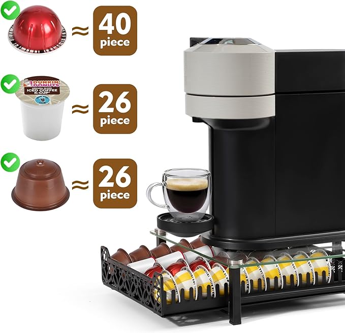 RECAPS Crystal Tempered Glass Coffee Pod Drawer Organizer Compatible with Nespresso Vertuo, Hold up to 50 Small or 40 Big Vertuo Pods or 26 K-cup Pod,Sliding K Cup Drawer for Countertop