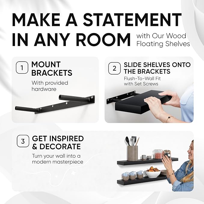 Homeforia Black Floating Shelves 36 inches Long, High End Solid Real Wood 36 inch Floating Shelf for Wall Mounted, Black Wooden 36in Floating Shelves, Heavy Duty Bracket, 36 X 6.5 X 1.75 in, Set of 2