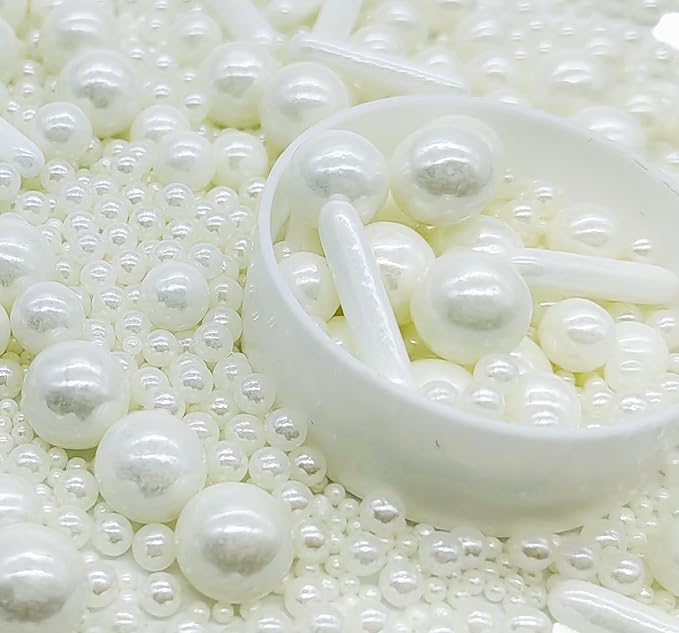 White Sprinkles Candy Mix Size Edible Pearls Cake Decorations Cupcake Toppers Cookie Decorating Perfect for Wedding Party Valentine Halloween Christmas Supplies 4.58OZ