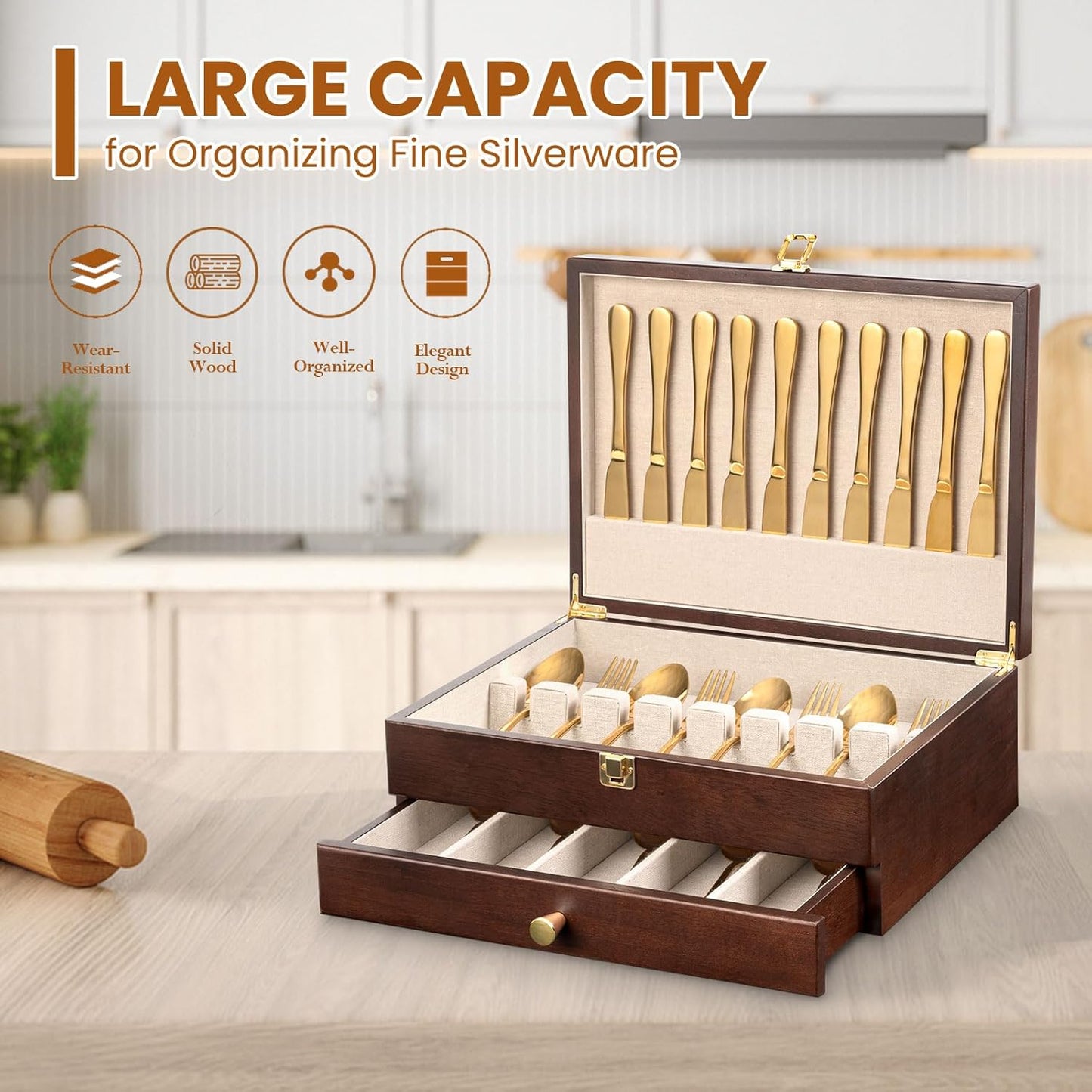 Silverware Storage Box, 2-Layer Flatware Storage Case with Drawer, Wooden Silverware Chest with Linen Liner, Rustic Silverware Case for Storing Fine Flatware and Utensils (Walnut)
