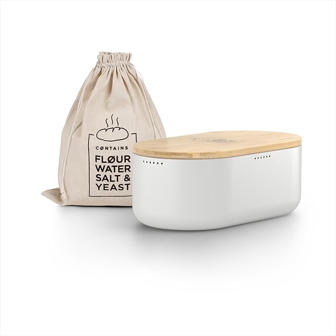 LARS NYSØM Bread Box I Metal Box with linen bag for long lasting freshness I Bread Bin with bamboo lid usable as cutting board I 14.2x7.5x5.1 In (Pure White)
