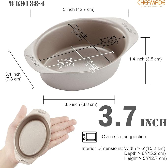 CHEFMADE Mini Cheese Cake Pan Set, 3.7-Inch 4Pcs Non-Stick Oval Cake and Loaf Bakeware for Oven and Instant Pot Baking (Champagne Gold)