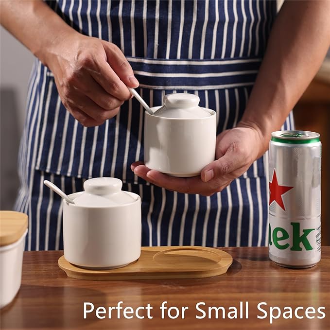 ONTUBE Ceramic Sugar Bowl with Lid and Spoon Set of 2,Porcelain Seasoning Box Salt Bowl with Tray,8oz (White)