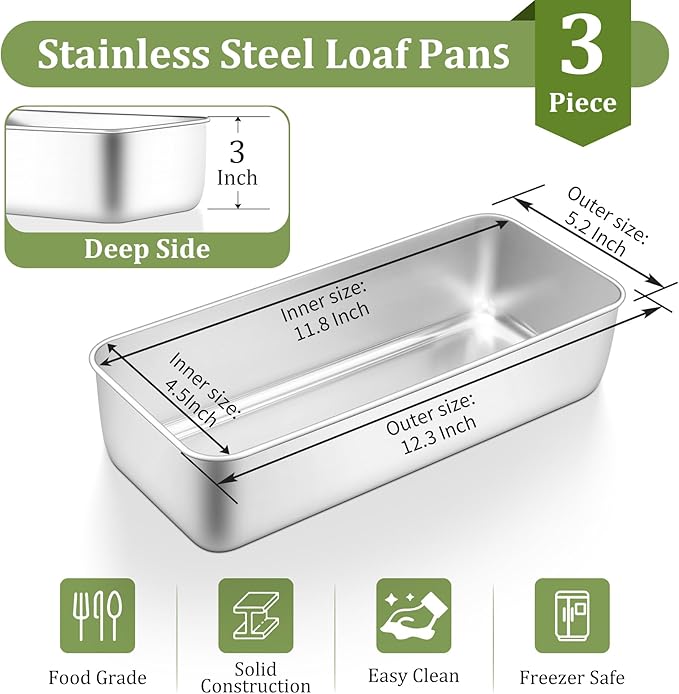 TeamFar Loaf Pan, 12 x 5 Inch Stainless Steel Loaf Pans for Baking Bread, 3 Pack Large Bread Loaf Baking Pan for Homemade Bread, Meatloaf, Cake, Brownies, Non-Toxic, Heavy-duty, Oven & Dishwasher Safe