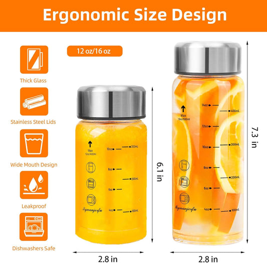 Glass Juice Bottles 4 Pack 12 oz - Wide Mouth Glass Water Bottles with Lids - for Juicing, Smoothies, Milk, Protein, BPA Free, Reusable, Stainless Steel Lids, Leak Proof, Shaker bottle [12oz/400ml]