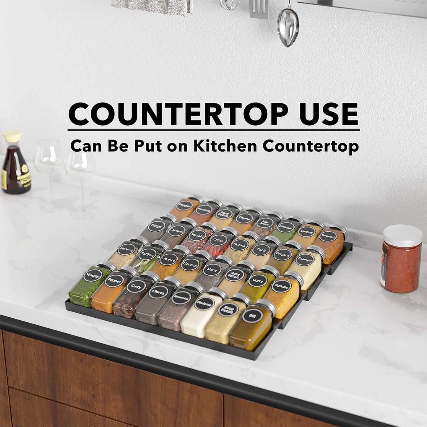 SpaceAid Spice Drawer Organizer with 32 Spice Jars, 386 Spice Labels, 4 Tier Seasoning Rack Tray Insert for Kitchen Drawers, 15" Wide x 17.5" Deep