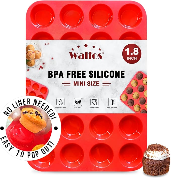 Walfos Mini Silicone Muffin Pan - 24 Cups, BPA Free and Dishwasher Safe, Non-stick Silicone Cupcake Baking Pan, Great for Making Muffin Cakes, Tart, Bread