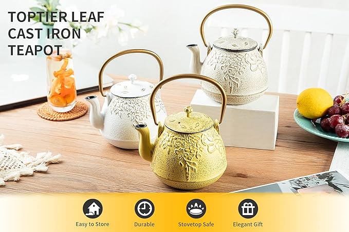 Toptier Cast Iron Tea Kettle, Stovetop Safe Japanese Cast Iron Teapot with Infuser, Leaf Design Tea Kettle for Stove Top Coated with Enameled Interior for 32 Ounce (950 ml), Warm Beige & Gray