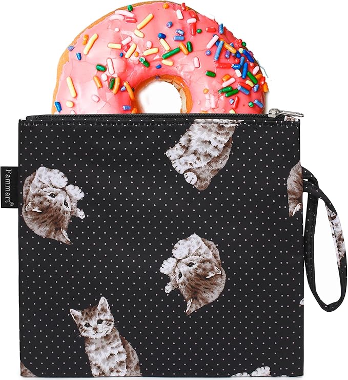 Reusable Sandwich Bag/Snack Bag for Kids & Adults, Dual Layer Lunch Bag with Handle, Washable, Food Safe, BPA Free (1-Pack, Dot&Cat)